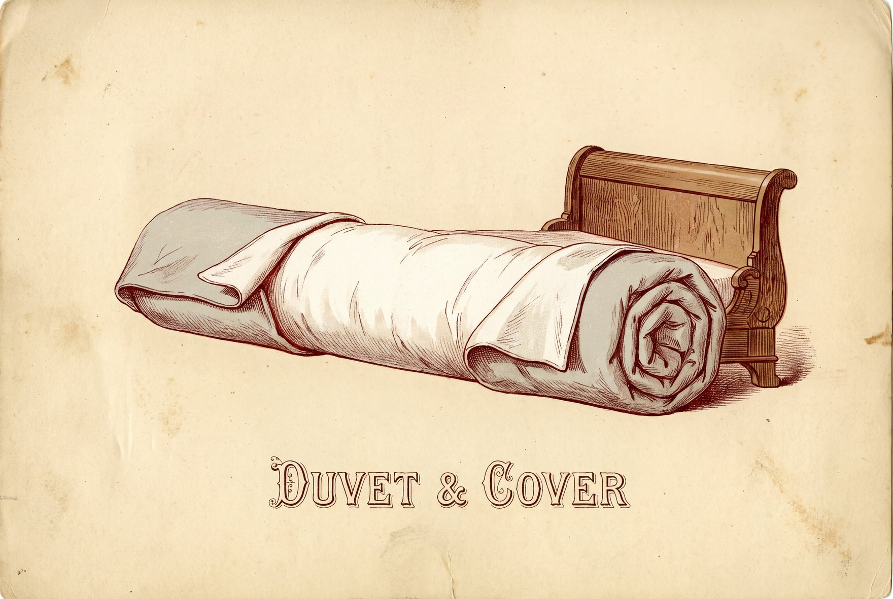 A duvet and its cover rolled together into one long tube lying across the foot of a bed. The cover's open end is turned back over both ends of the roll, ready to be closed and unrolled toward the pillows.