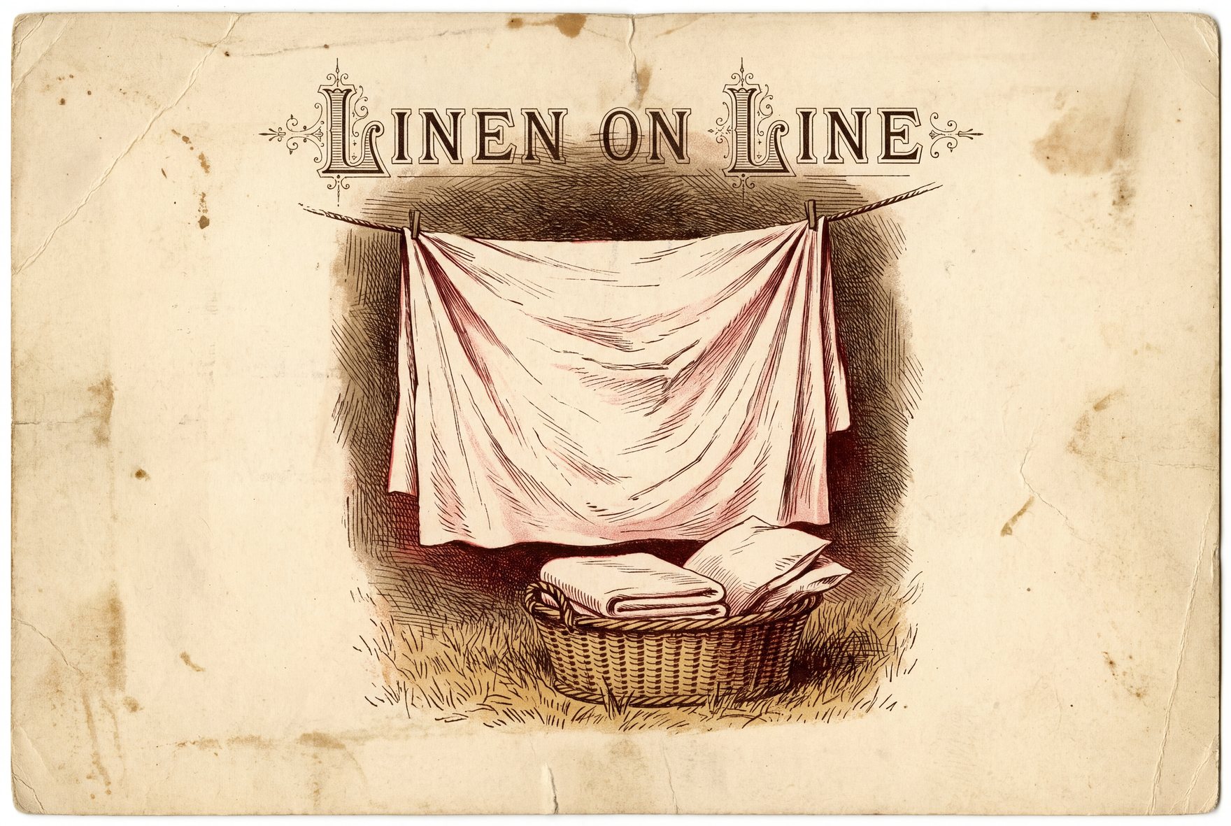 Illustration of a rumpled white linen sheet drying on a clothesline in the shade of a tree, with a wicker basket of folded linen bedding sitting on the grass beneath it.