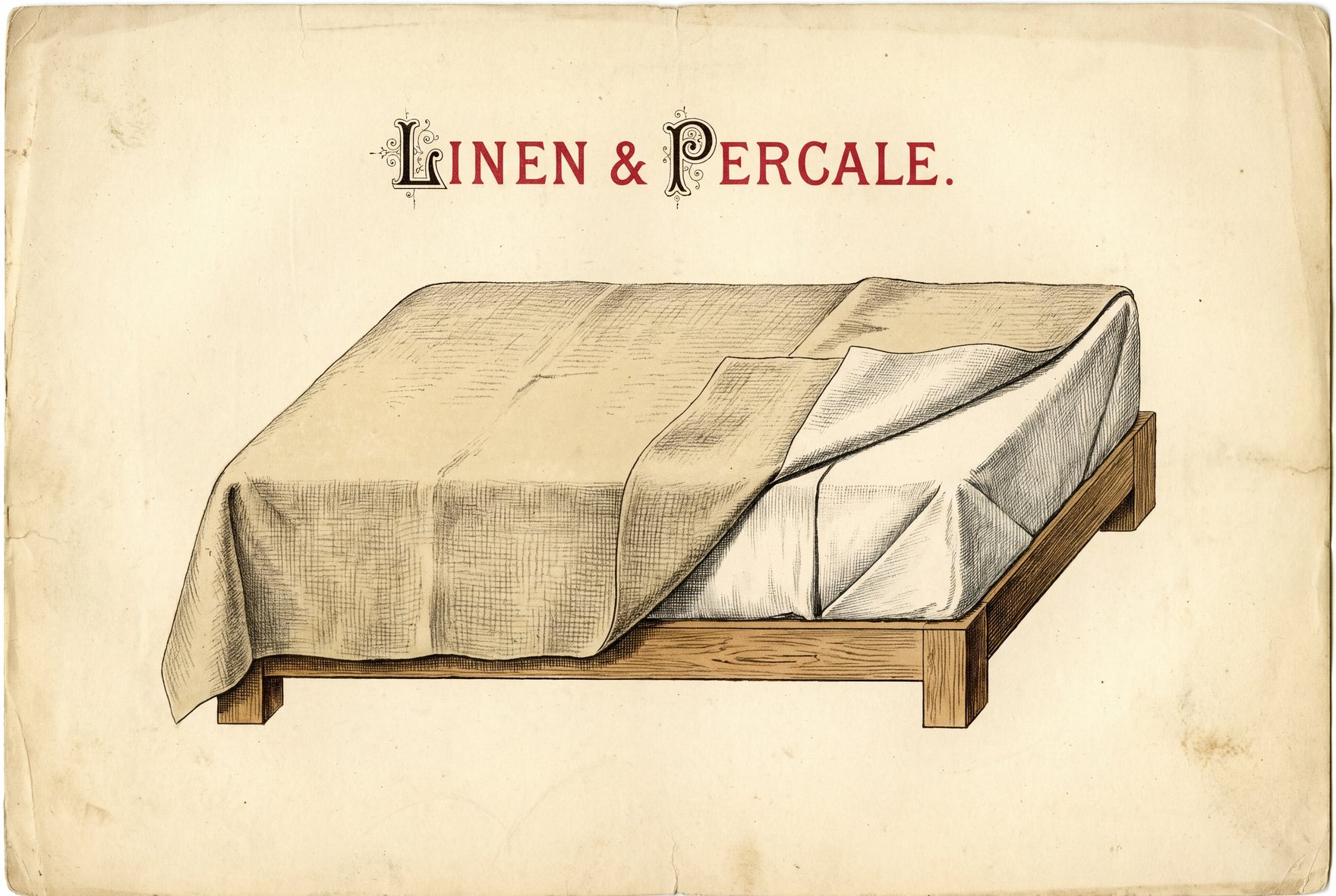 A bare mattress dressed in a white cotton percale fitted sheet with a textured linen top sheet folded back across it, a corner of each fabric turned up so the two weaves sit side by side.