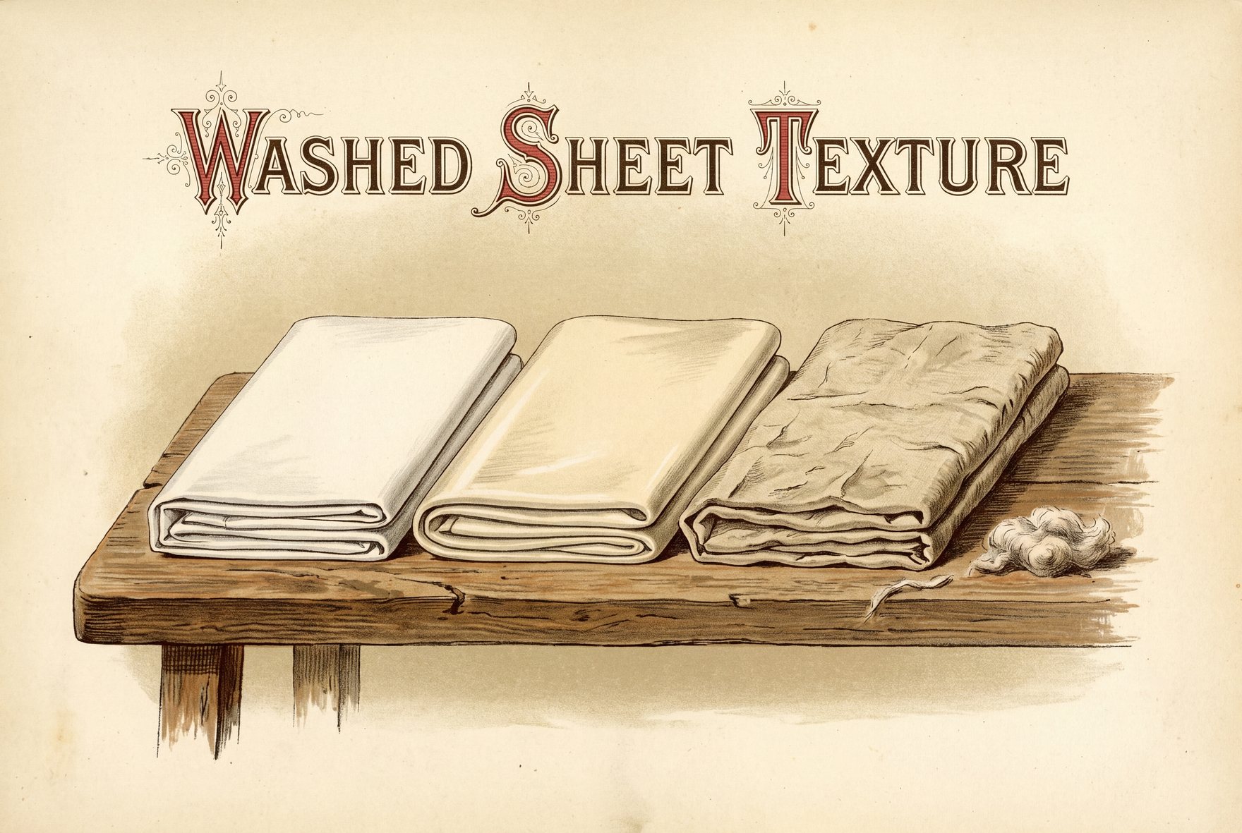 Three folded sheets side by side on a wooden bench. One is crisp matte white cotton, one is smooth ivory cotton with a faint sheen, and one is creased oatmeal linen. A small tuft of lint sits beside them.