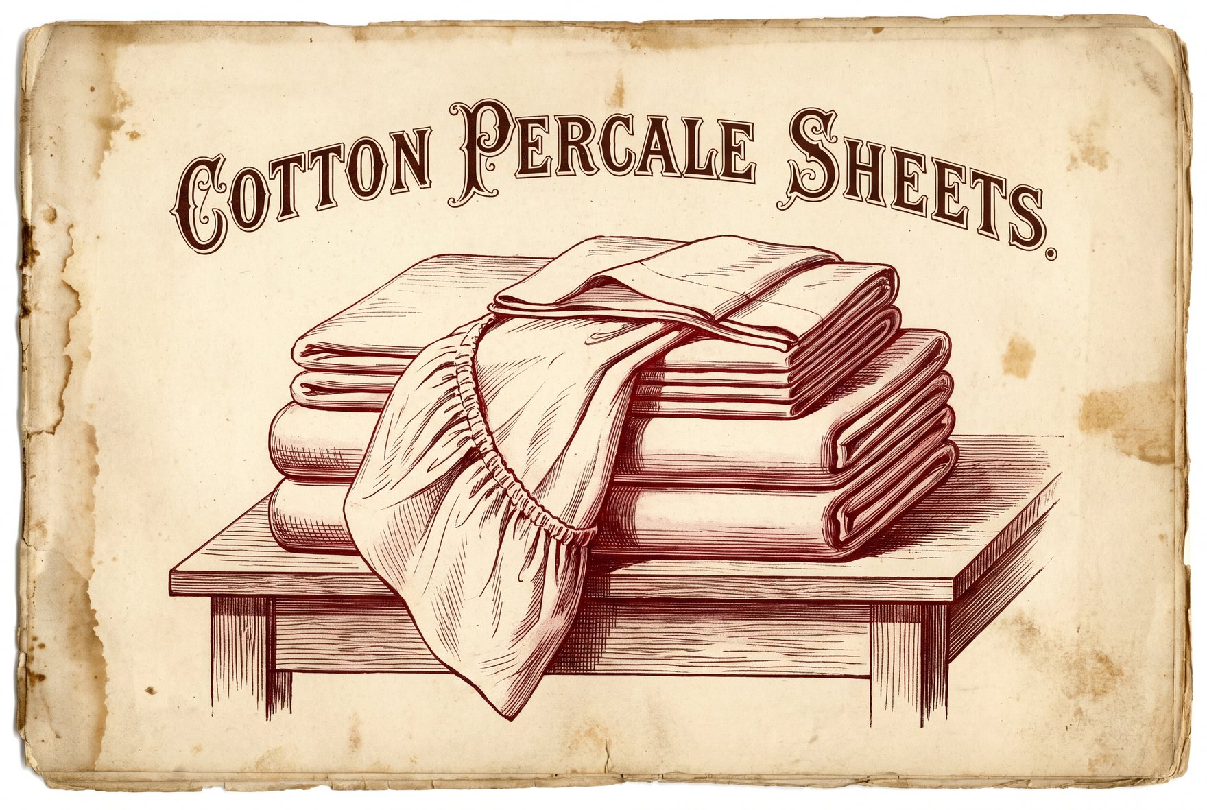 A stack of three folded white percale sheet sets on a plain table, the top one opened at one corner so the fitted sheet's elasticated hem hangs over the table edge.