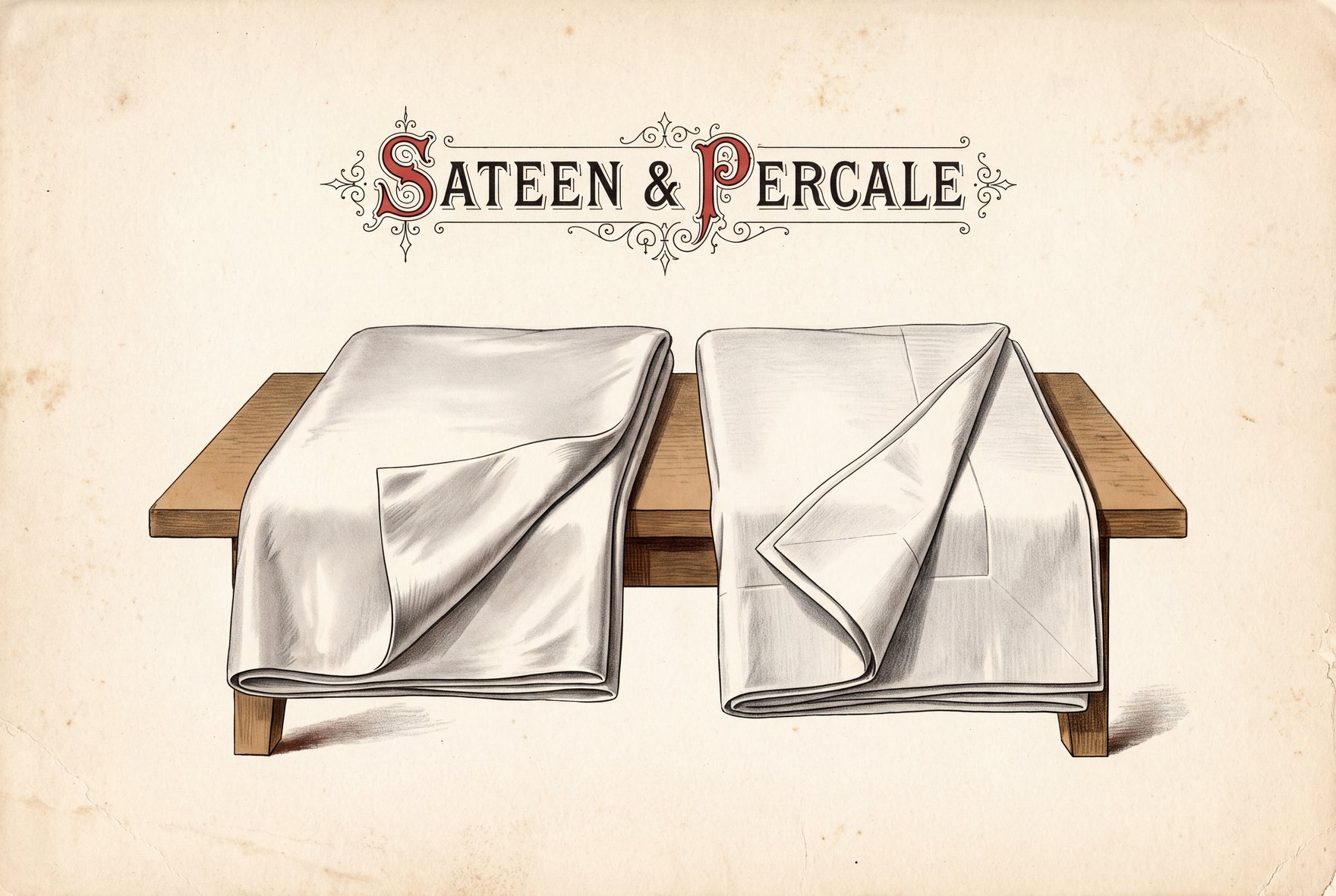 Two folded white sheets on a wooden bench. The left sheet has a smooth, faintly shiny surface and one corner turned back. The right sheet looks matte and holds a sharper crease.