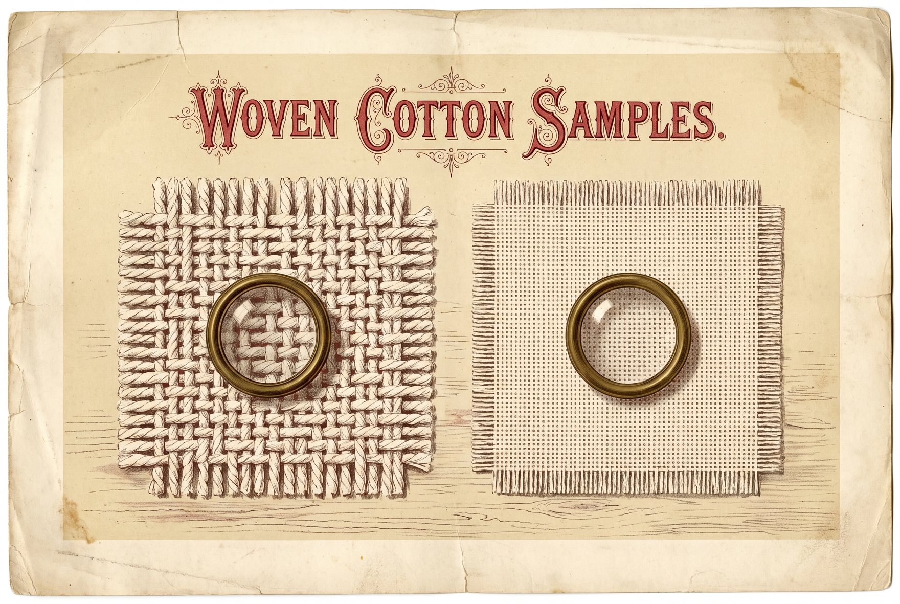 Two white cotton fabric squares on a wooden table under small magnifying lenses. The left square has a coarser weave of twisted yarns and the right a finer, tighter weave of single yarns.