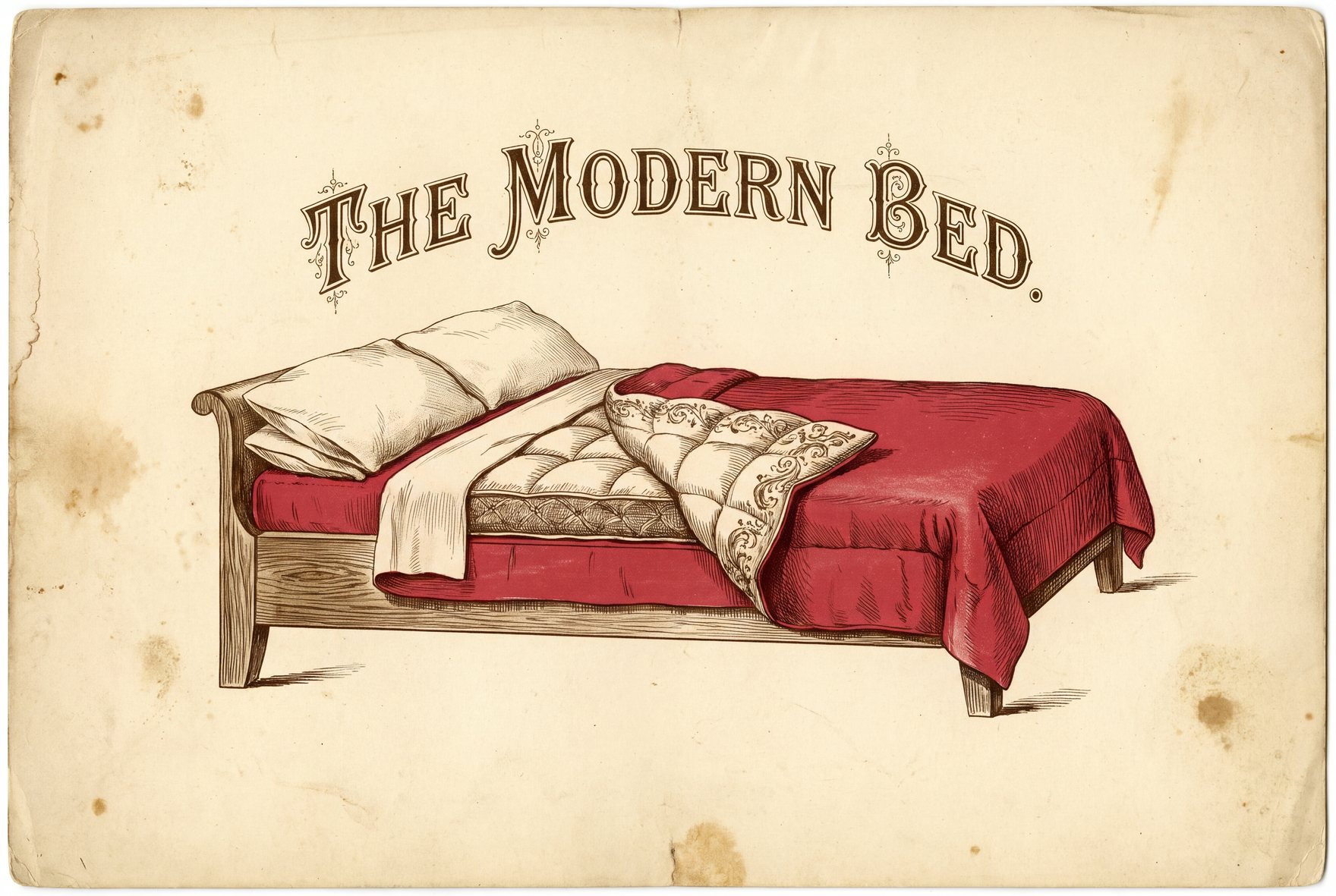 Side cutaway drawing of a bed. A mattress is at the bottom with a fitted sheet over it. A thick duvet stitched in square boxes lies on top, half slid out of its open cover. Two pillows rest against the head of the bed.