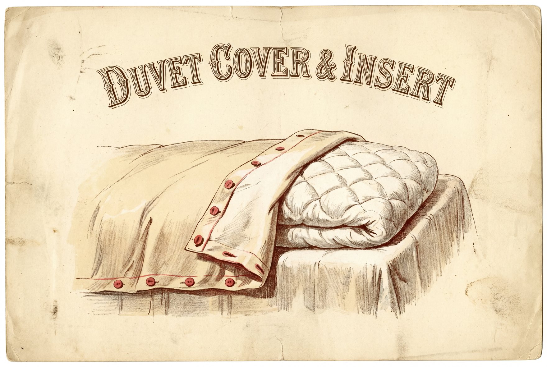 Illustration of a made bed. A fabric cover lies flat with a white quilted insert halfway inside it, and round buttons line the cover's open end.