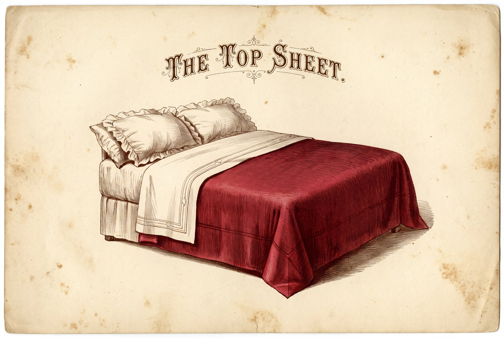 Illustration of a bed seen from the foot end. A white top sheet covers the mattress, its upper edge folded back over a blue blanket near the pillows, and the near foot corner is tucked in a neat diagonal fold.